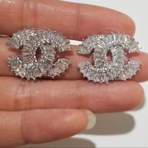 Channel cz diamond large studs earrings silver